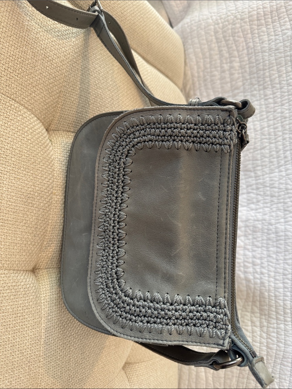 The Sak Gray Crocheted Leather Crossbody Bag